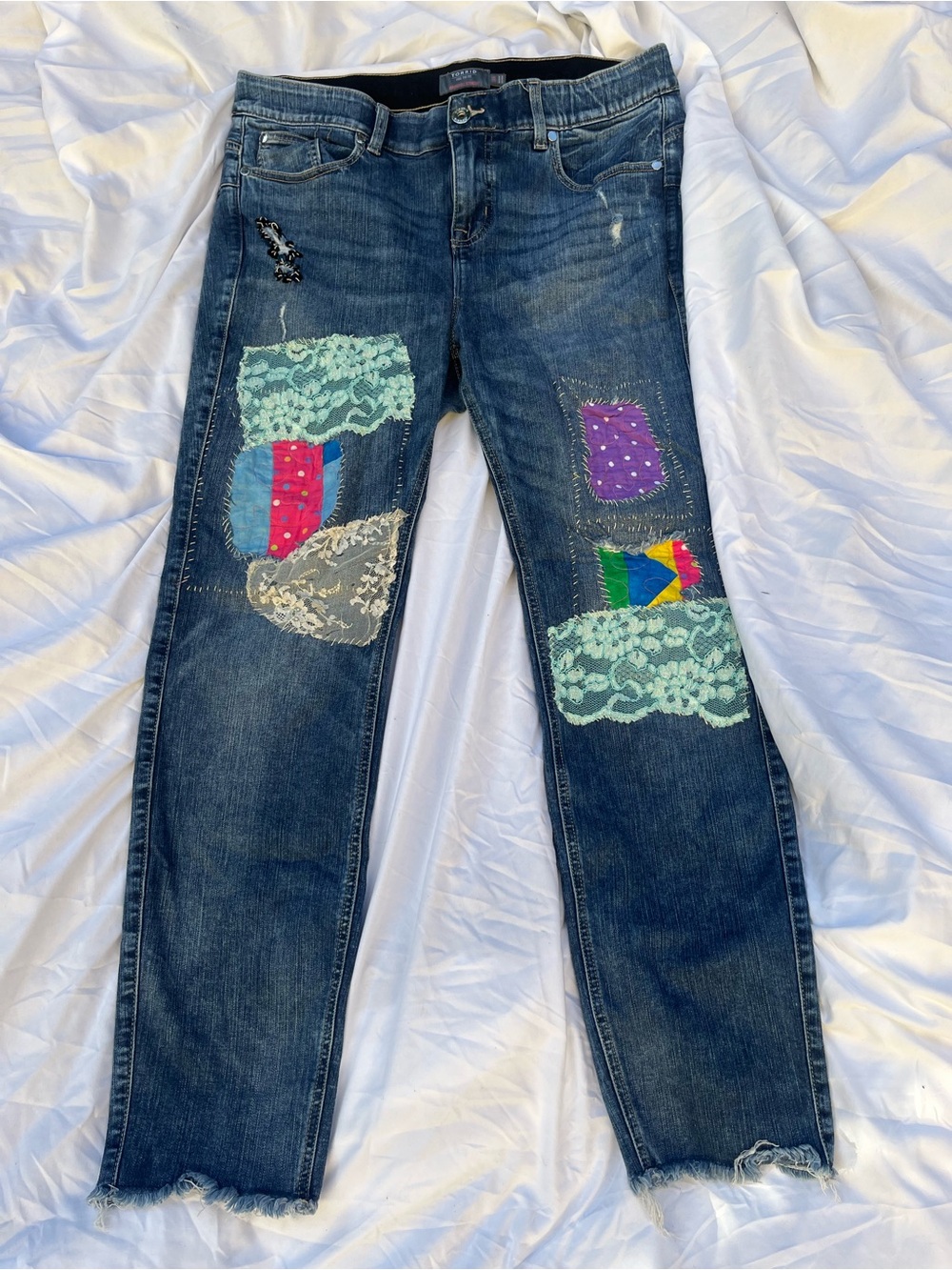 Torrid OOAK Reworked Lace Patchwork Straight Jeans Rainbow Plus Size